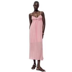 Zara Pink Lyocell Cotton Maxi Dress M Twist Front Empire Waist Boho NWT